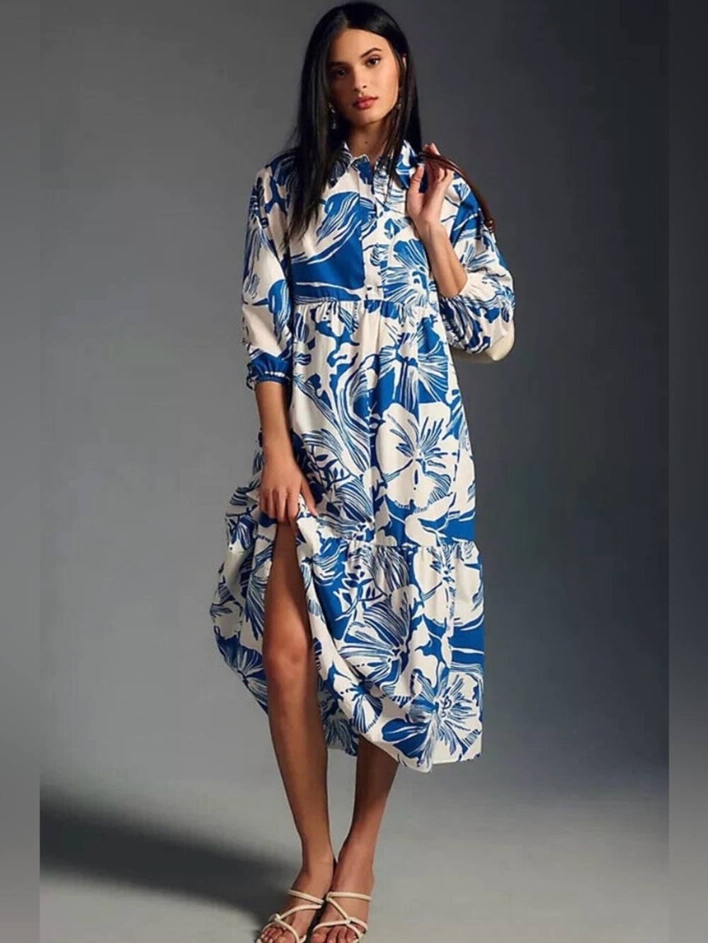 Maeve Anthropologie Bettina Shirt Dress Blue White Cotton Tiered XXS Pockets